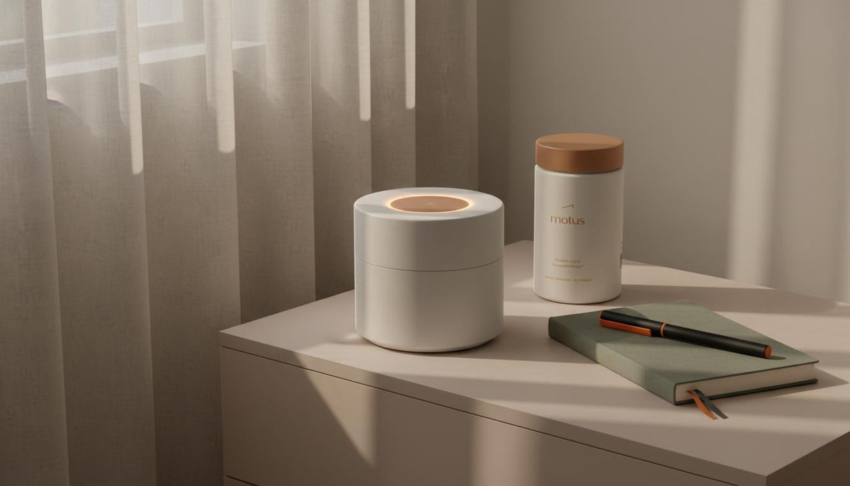 Minimalist bedside scene with Tonum product container, sound machine and closed notebook on a muted beige surface in morning light — Who should not take NAD?