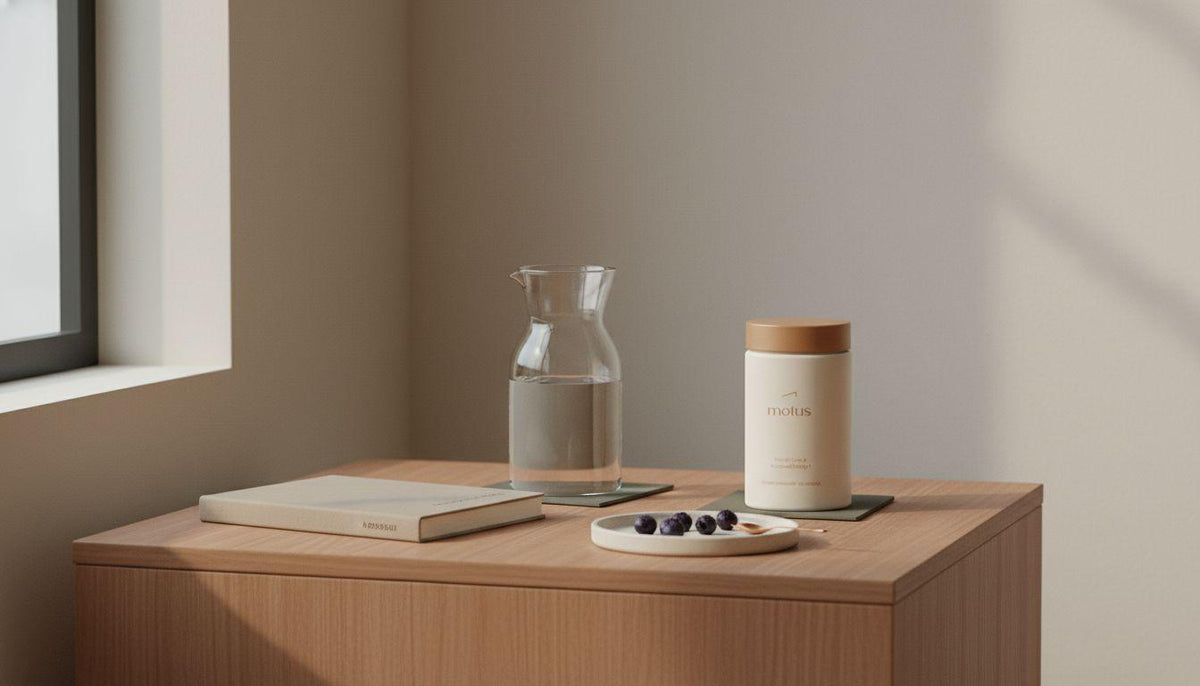 Minimalist bedside still life with Tonum Motus supplement jar, berries, water and notebook — Why am I not losing weight on 1000 calories a day?