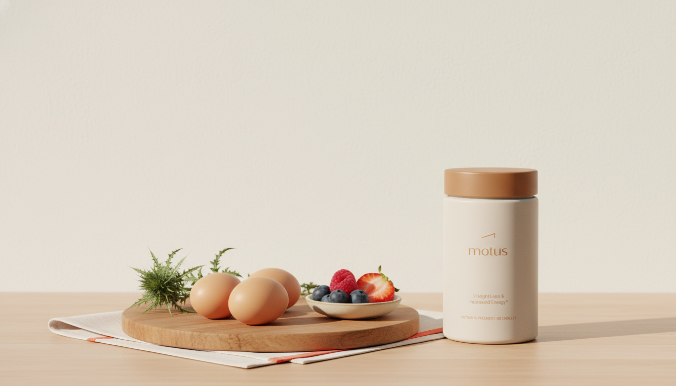 Minimalist kitchen still life with eggs, milk thistle, berries and a Tonum Motus jar — Why do burn victims eat eggs?