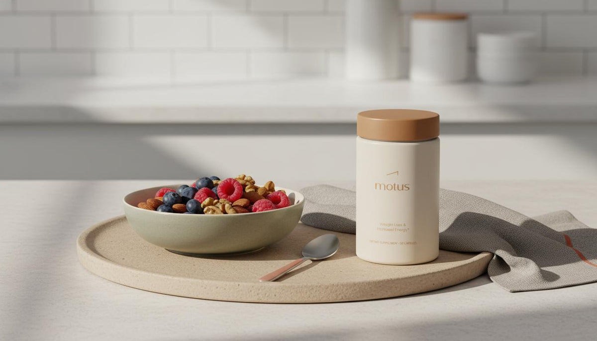 Tonum Motus jar beside a bowl of mixed nuts and fresh berries on a minimalist kitchen counter in soft morning light — why do I crave junk food article image