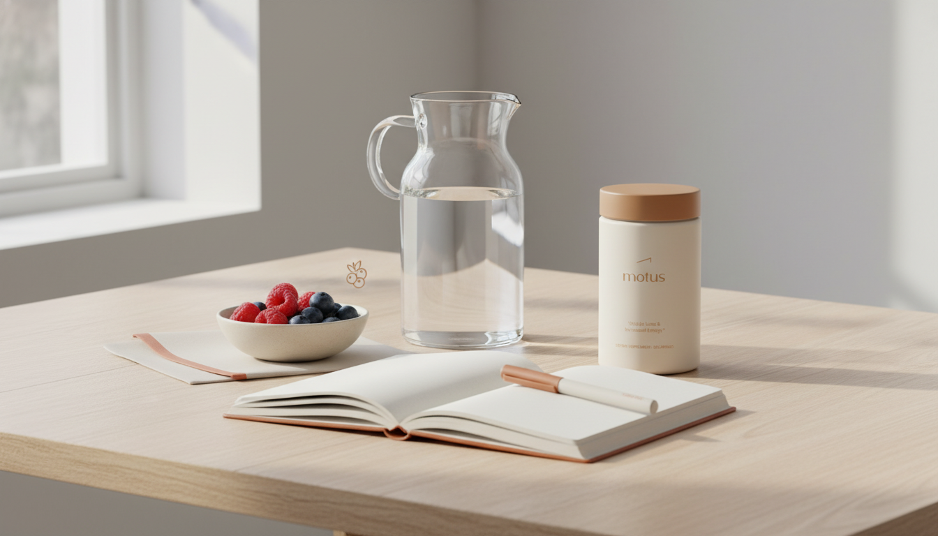 Minimal bright morning scene with Tonum Motus supplement jar, glass carafe, bowl of berries and open journal on light wood table — why is belly fat so hard to lose?
