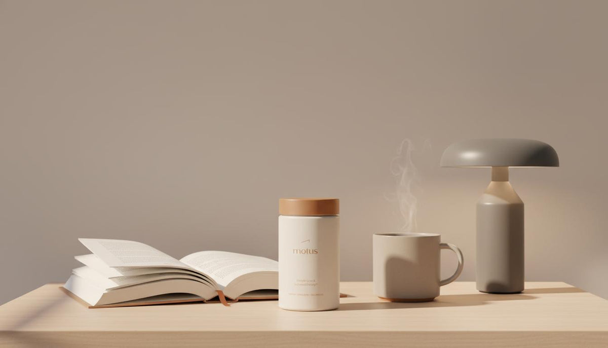 Minimalist bedside scene with open book, warm lamp, neutral mug and Tonum supplement jar on pale beige background — Why was taurine banned?