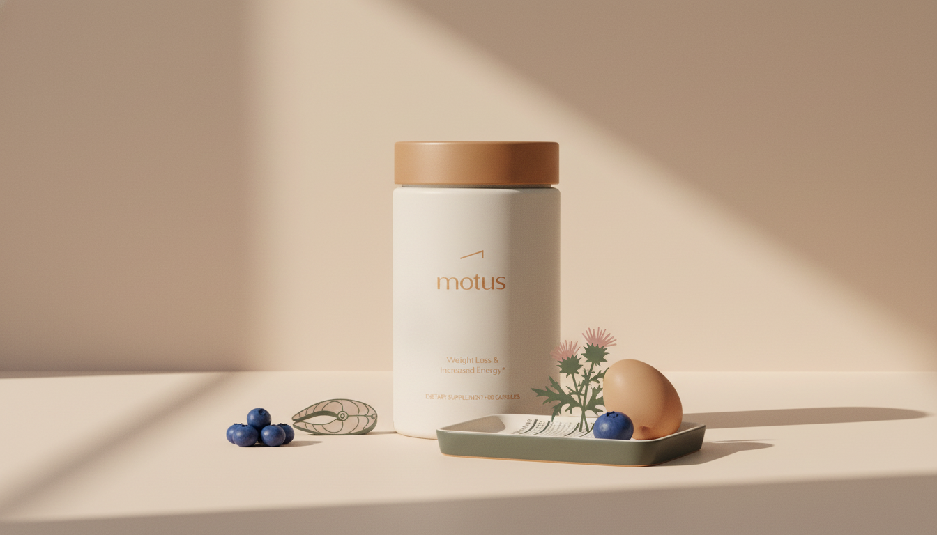 Will Medicare pay for Prevagen? Minimal Tonum product scene with Motus supplement jar and Tonum icons (berries, fish, milk thistle, egg) on a soft #F2E5D5 countertop.