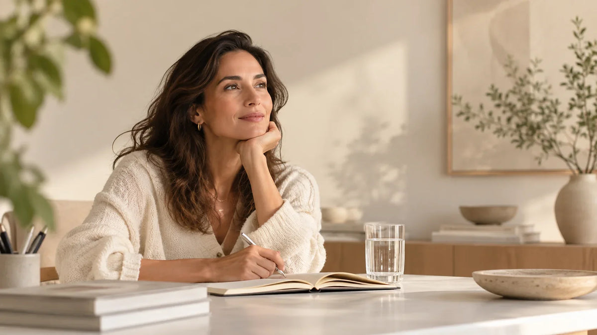 Woman journaling at home while reflecting on focus and cognitive health.