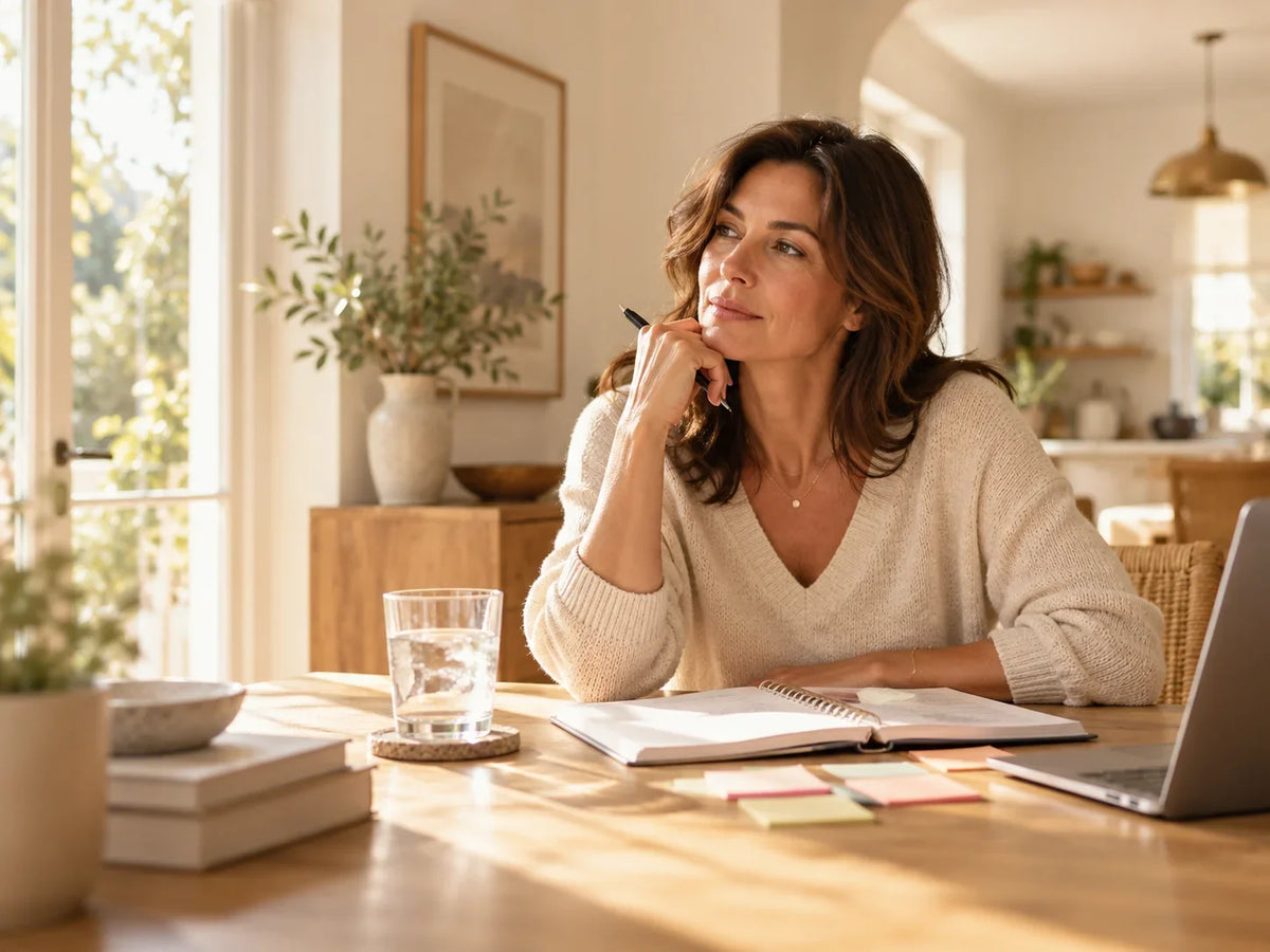 Middle-aged woman sitting thoughtfully at a desk with an open notebook and laptop, illustrating menopause brain fog and memory changes.