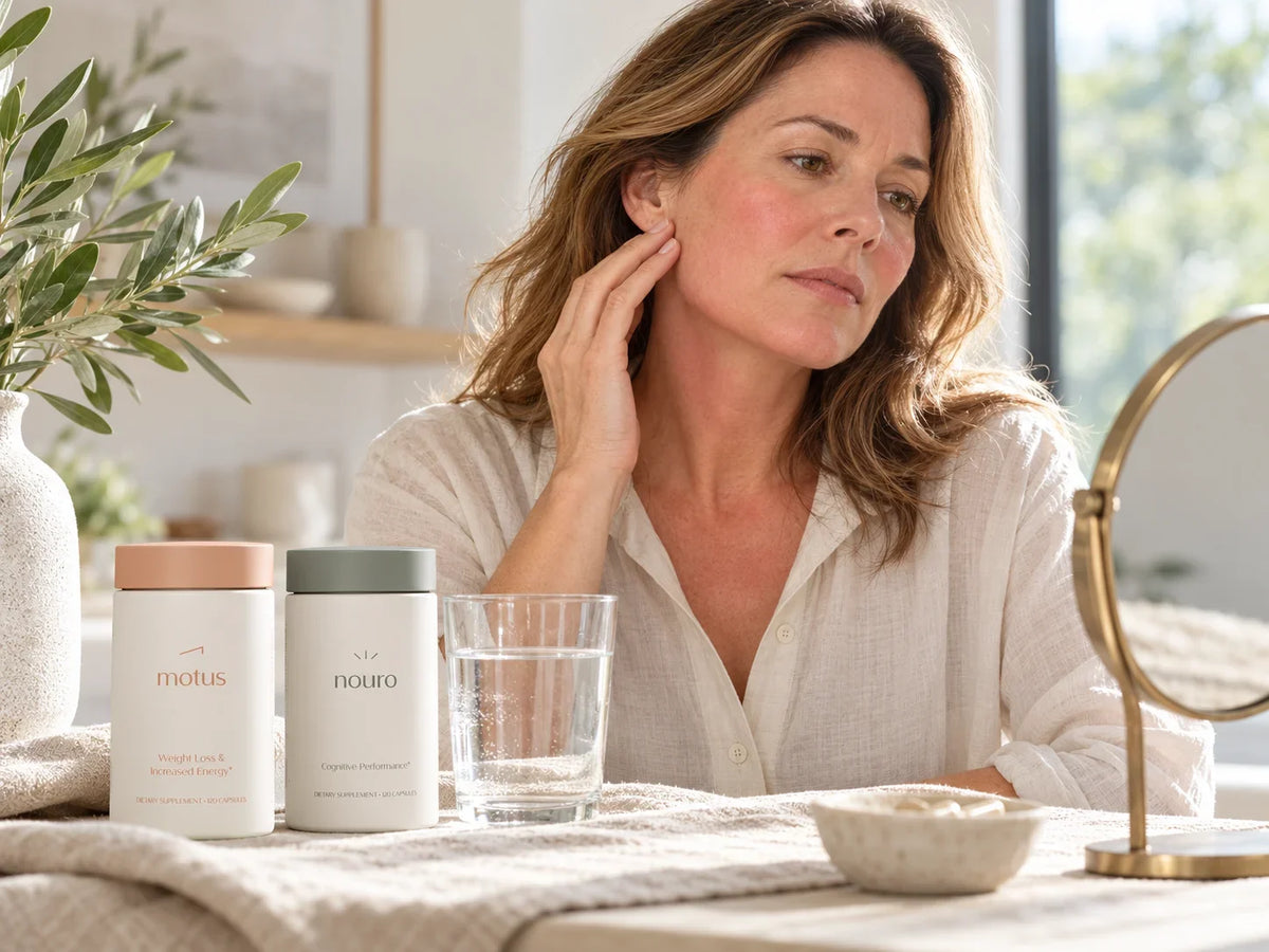 Woman experiencing facial redness and warmth from a niacin flush, with Tonum MOTUS and NOURO supplements nearby.