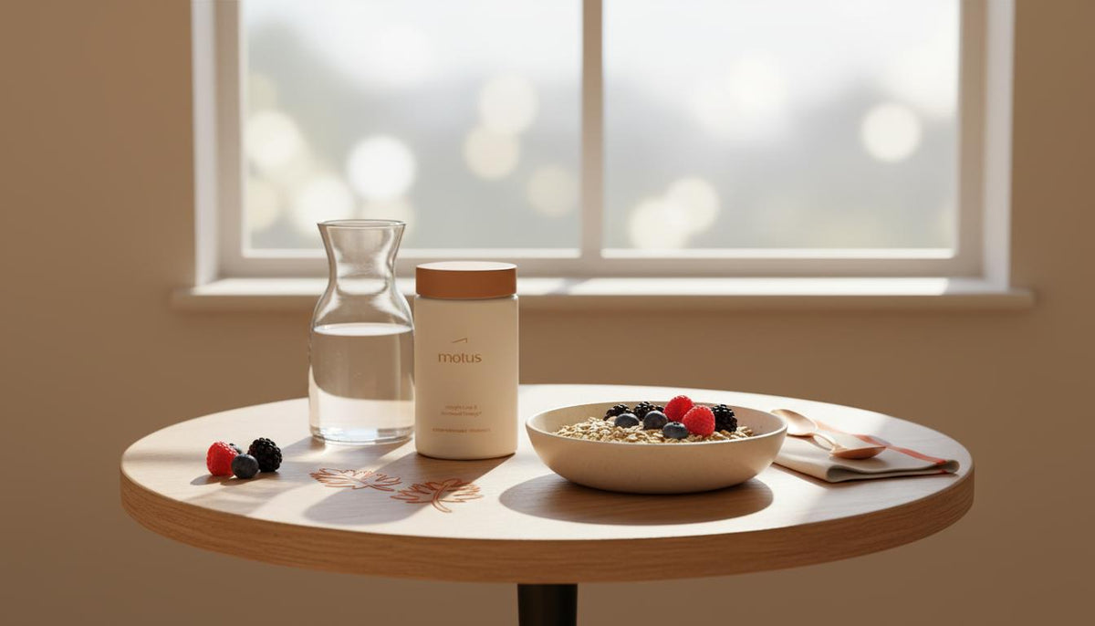 Sunlit minimalist table with Motus supplement jar beside a bowl of whole grains and fresh berries and Tonum ingredient icons, illustrating the worst carb for belly fat.