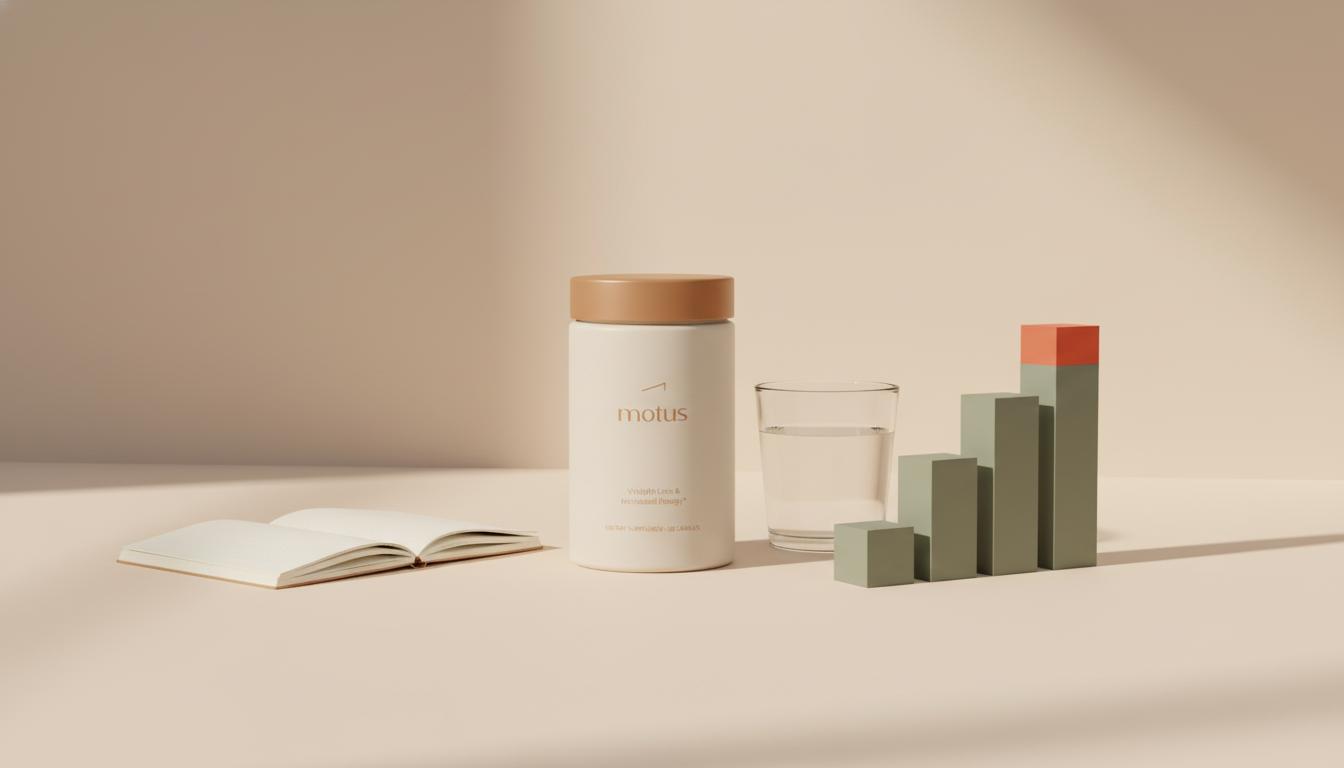 Minimalist countertop with Tonum Motus supplement jar beside a geometric pricing‑tier chart and open notebook, illustrating Zepbound price comparison and clear cost choices