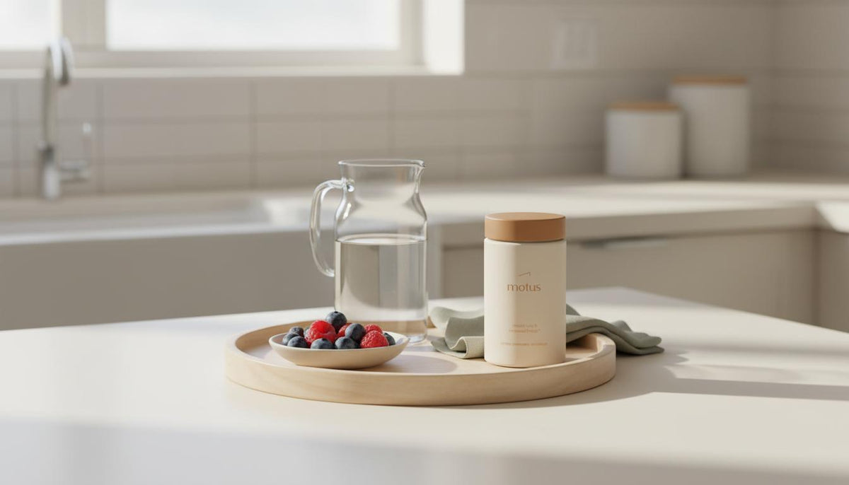 Minimalist kitchen scene with Tonum Motus supplement jar on a wooden tray beside a glass carafe and bowl of berries, soft natural light — image for Zepbound price article