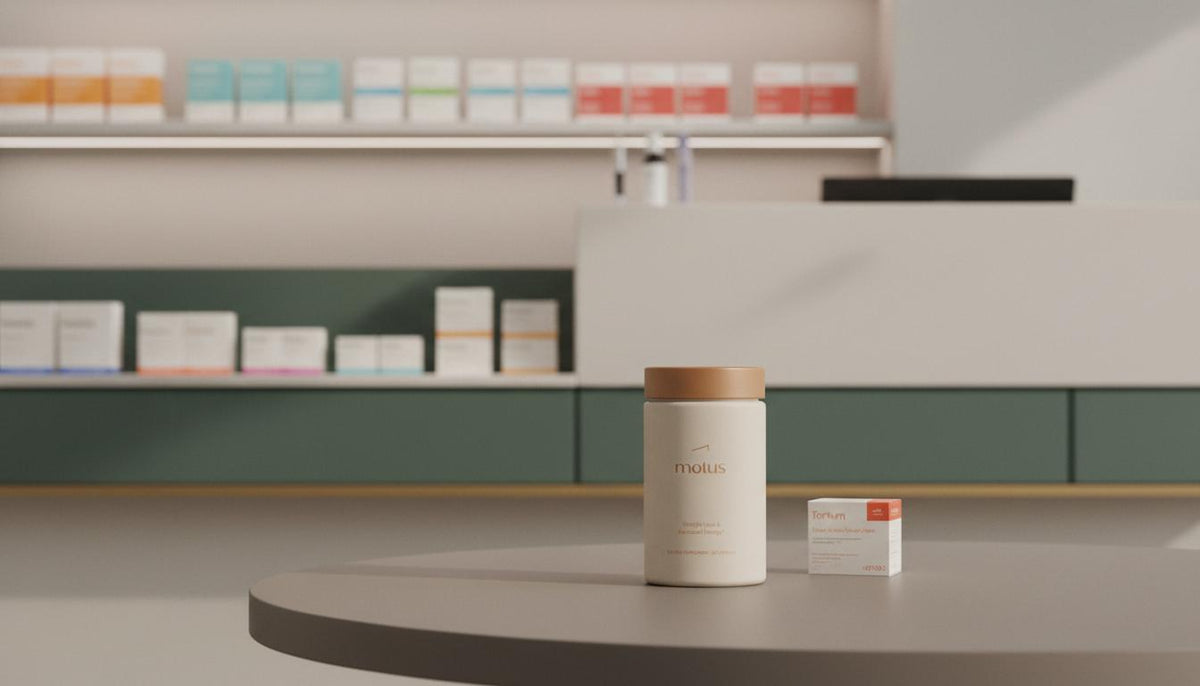 Motus supplement bottle on a minimalist pharmacy counter suggesting a choice between oral and injectable options, Zepbound price Walmart