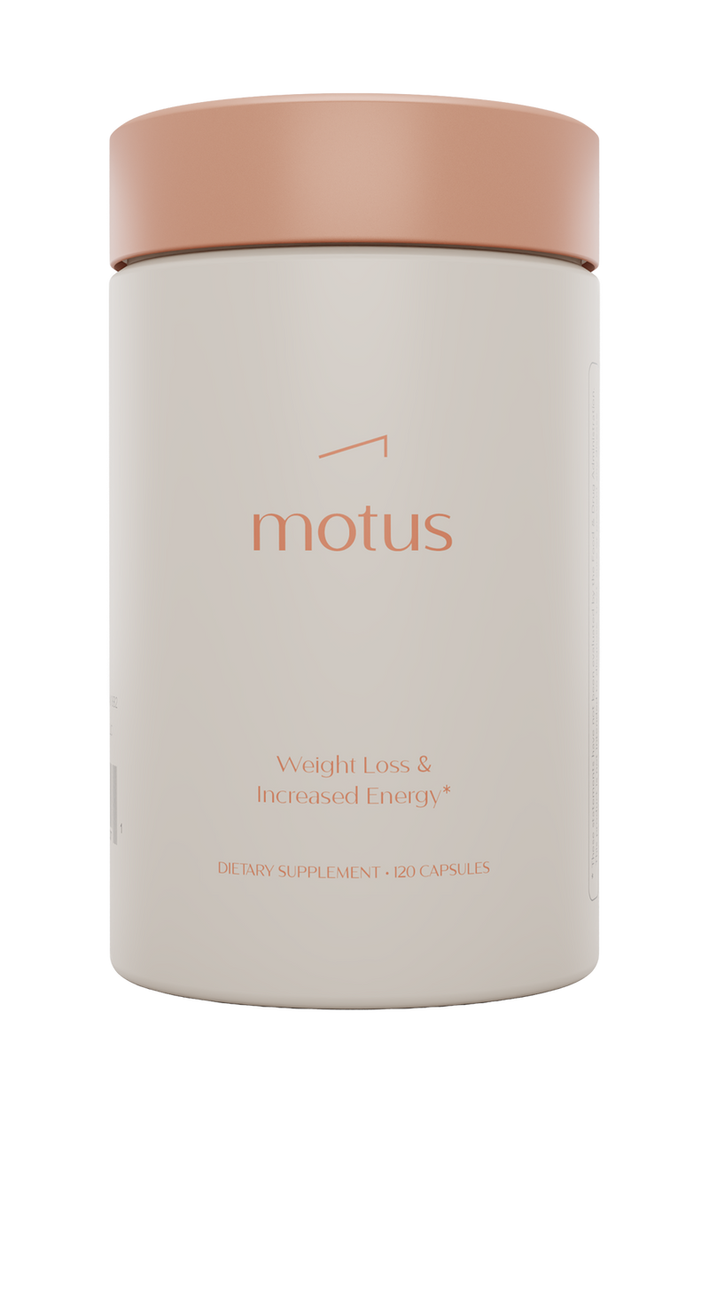 front of motus bottle showing product name, logo, tagline, and the number of capsules in the bottle