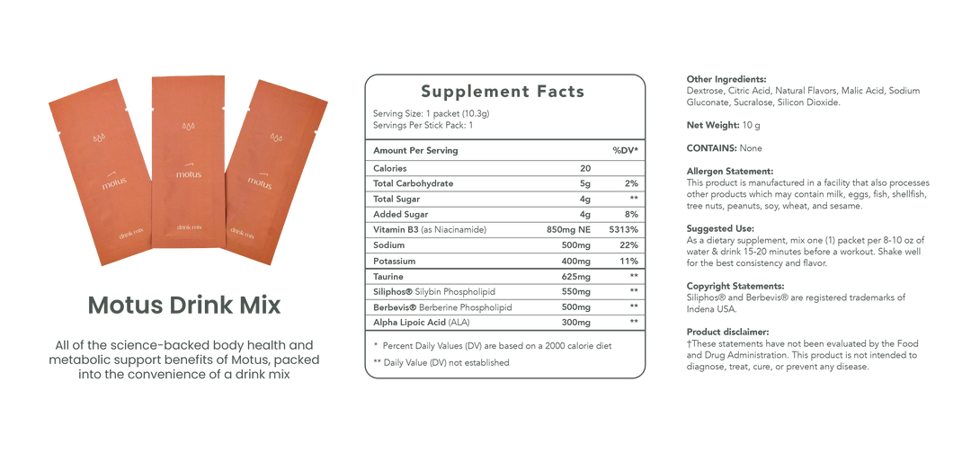 motus drink mix nutrition facts with example packets horizontal image