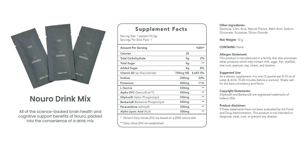 nouro drink mix nutrition facts with example packets horizontal image