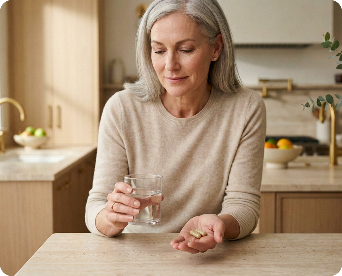 Woman holding Motus capsules and a glass of water