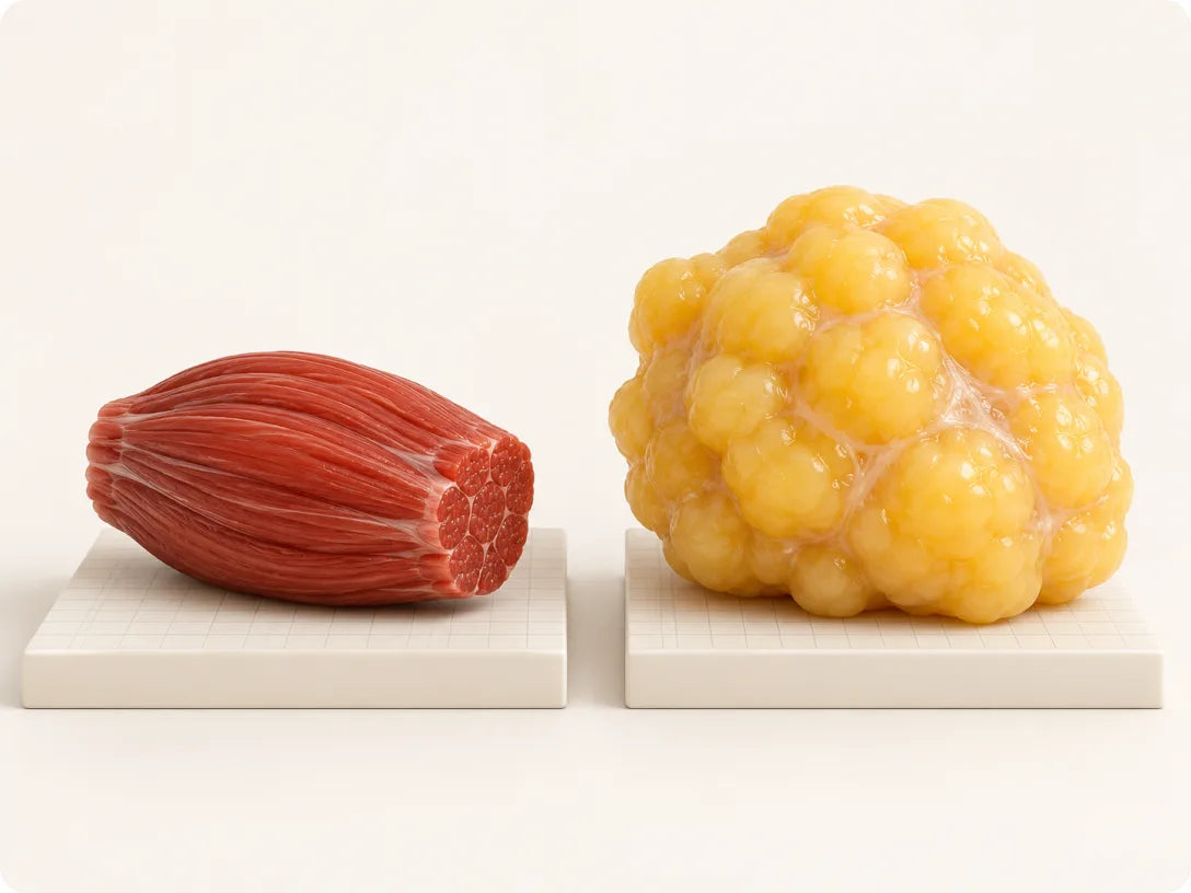 Two pounds of muscle beside two pounds of fat on a plinth