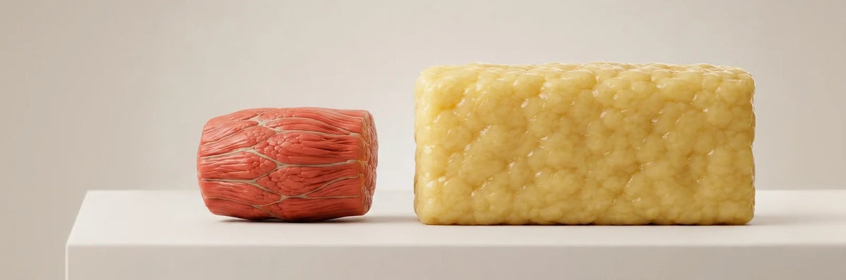 A small block of muscle next to a larger block of fat