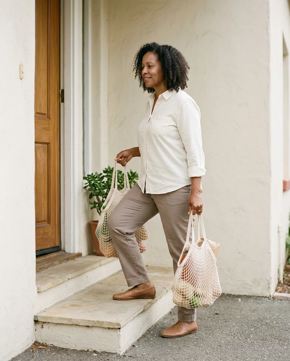 Woman carrying grocery bags up her front steps