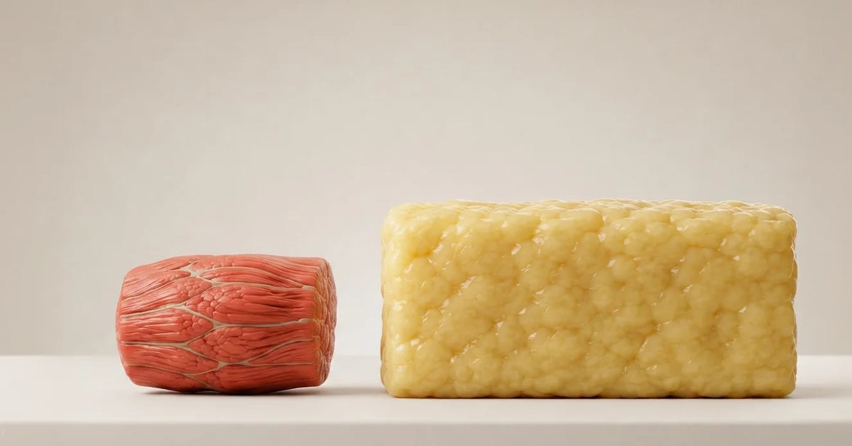A small block of muscle next to a much larger block of fat of the same weight