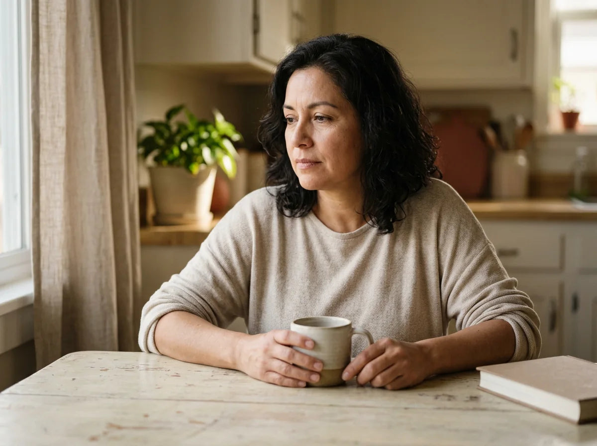 Tired woman sitting at a kitchen table with a mug