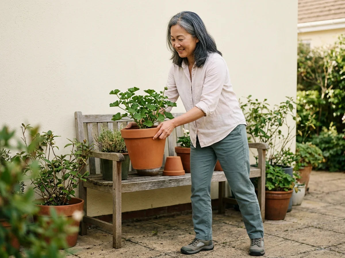 Woman lifting a plant pot in her garden