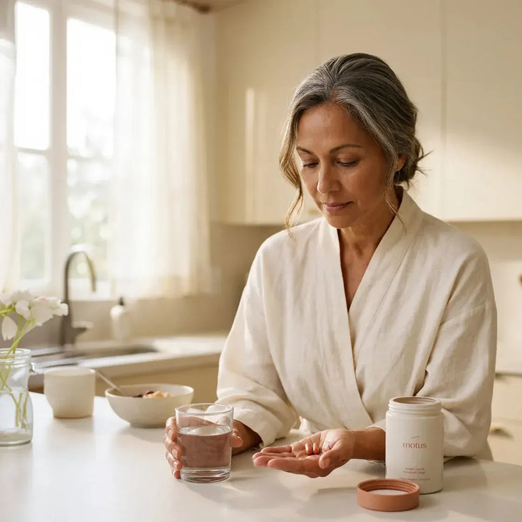 A woman in a kitchen with a glass of water and a serving of Motus