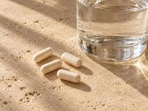 Motus capsules and a glass of water on a sunlit stone surface