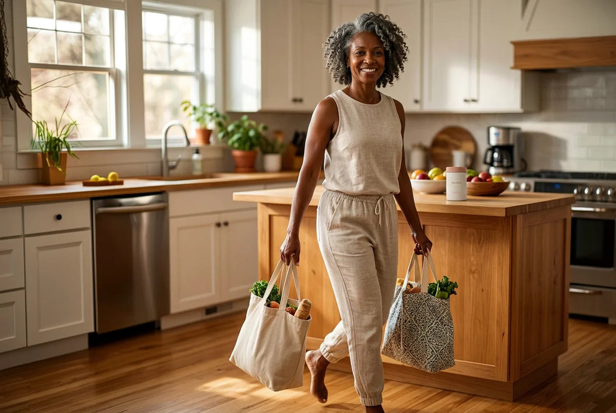 A woman walking into her kitchen carrying shopping bags