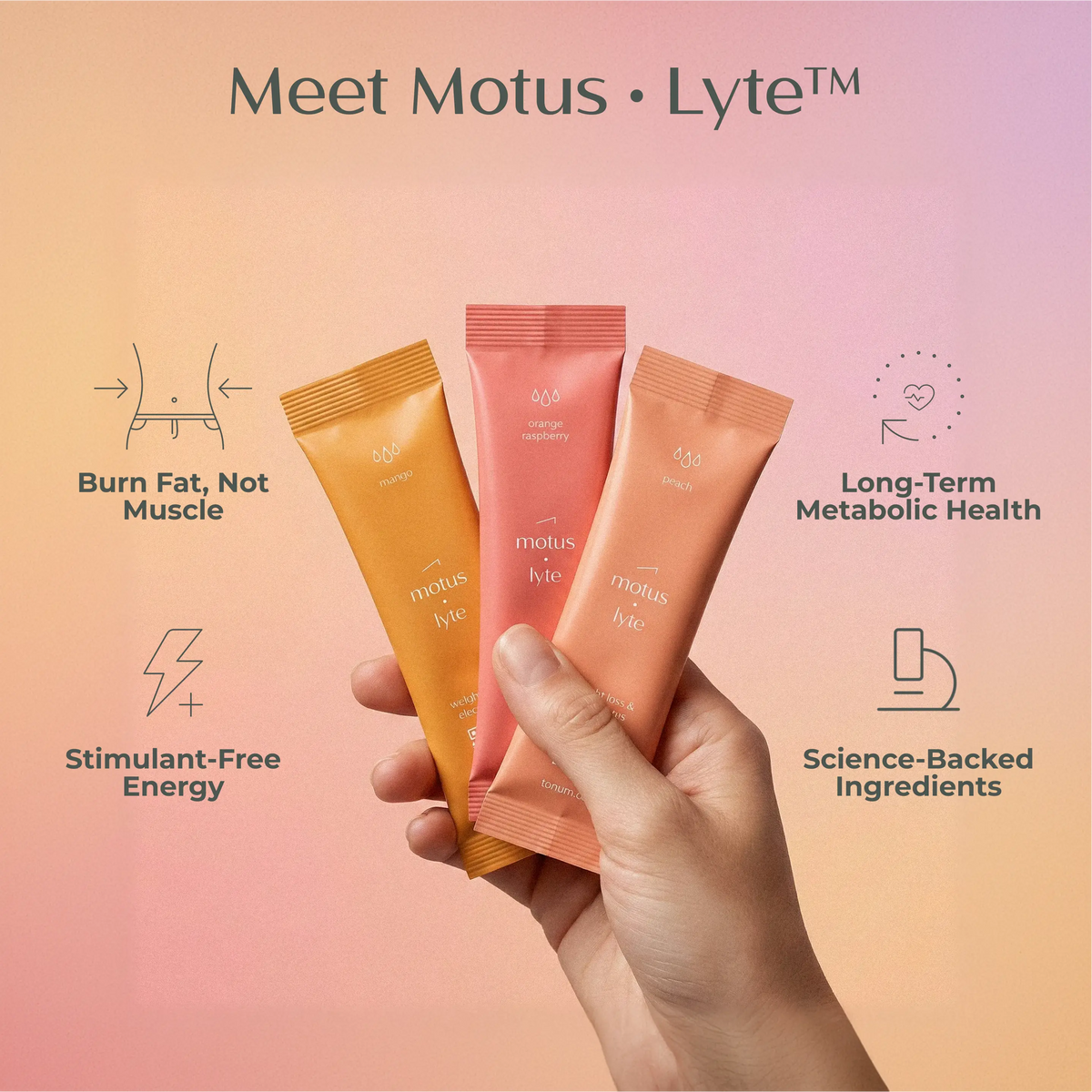Hand holding three Tonum MOTUS LYTE electrolyte drink mix packets.