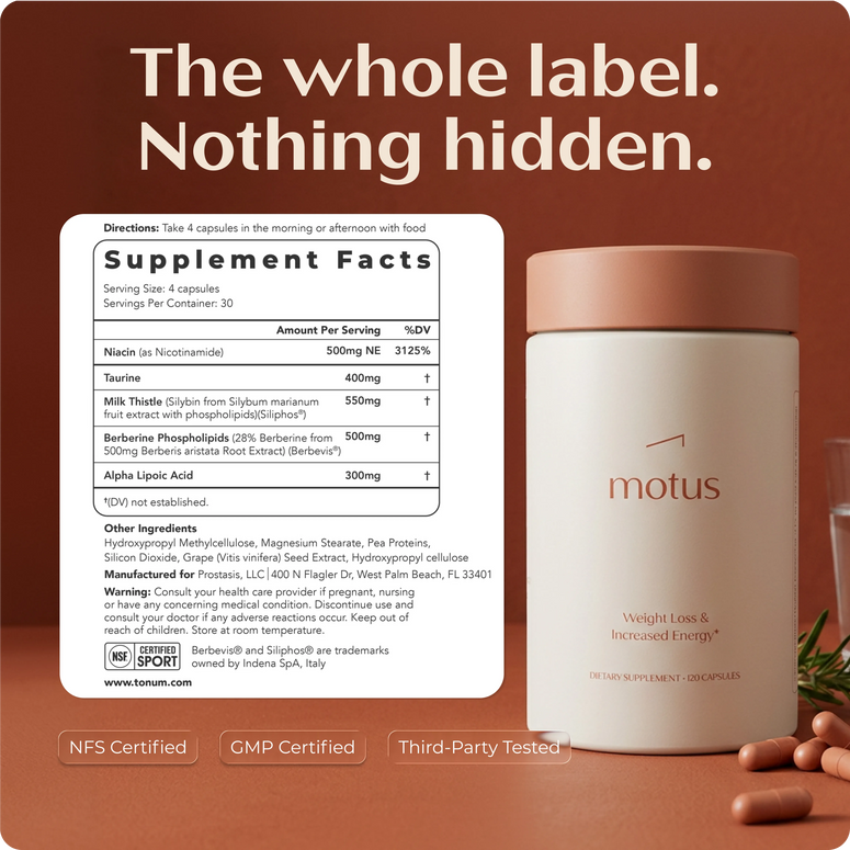 The whole label, nothing hidden - Motus supplement facts panel, NSF and GMP certified